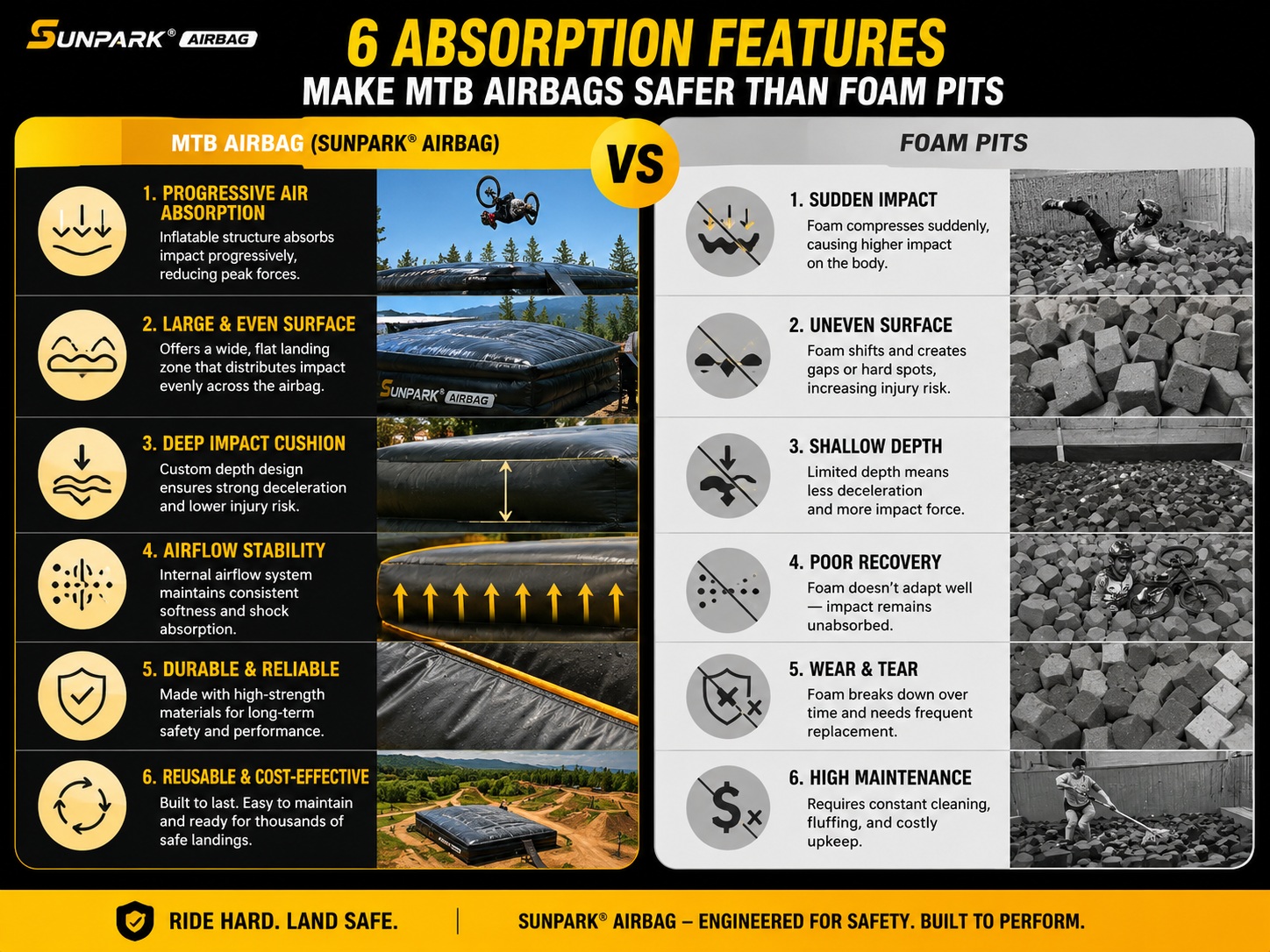 6 absorption features make MTB airbags safer than foam pits