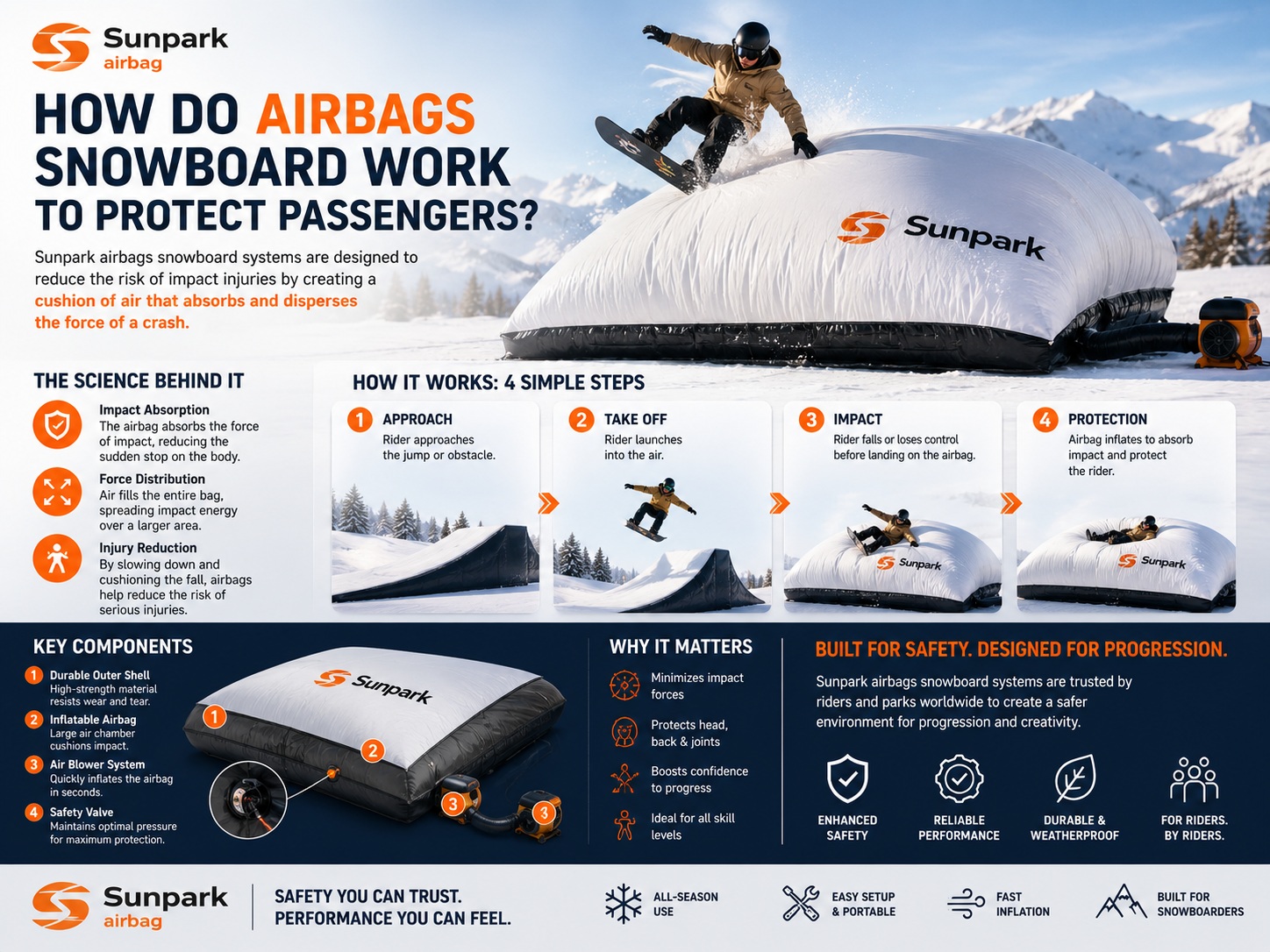 How do airbags Snowboard work to protect passengers